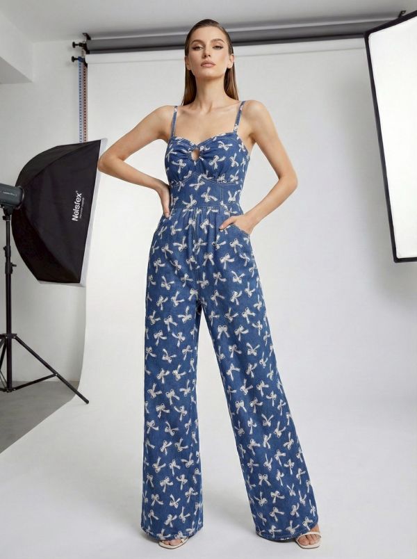 Rere 日系酷甜｜蝴蝶結婁空單寧連身褲 女裝,洋裝,永續時尚,環保服飾,平價永續品牌,Rere,Rere永續時尚,women’s clothing, sustainable fashion, eco fashion