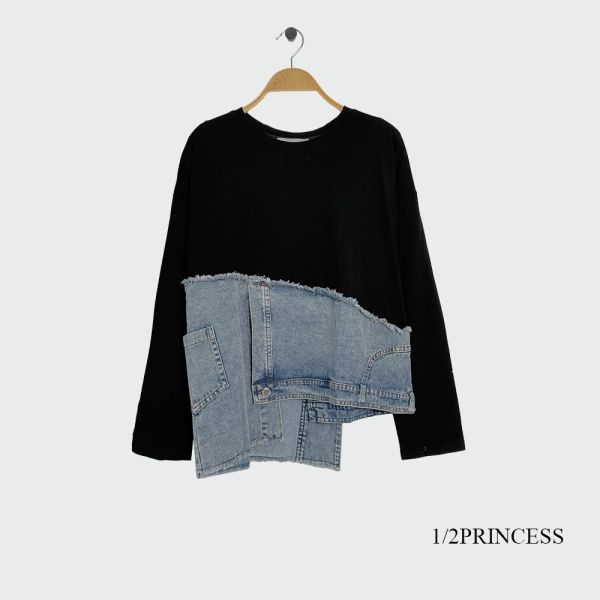 棉拼接牛仔造型T 