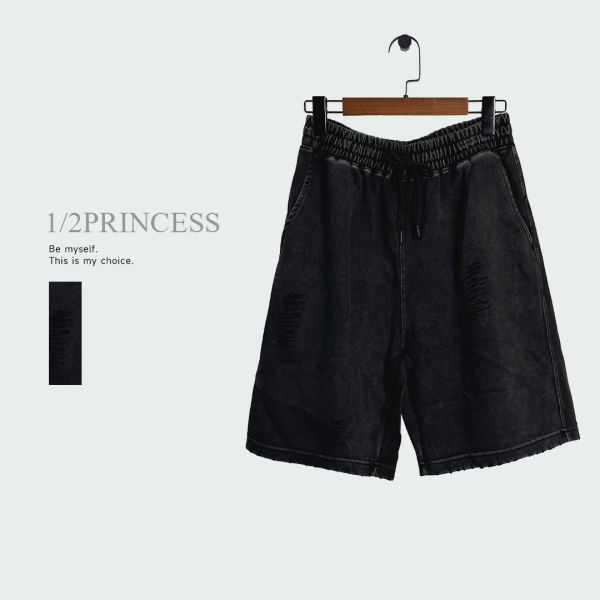 水洗棉刷破五分褲 