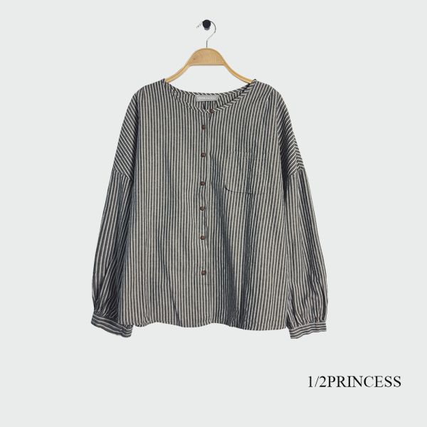 日系棉麻直條紋衫 