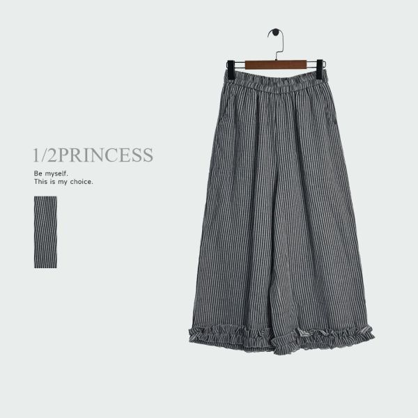日系條紋花邊寬褲 