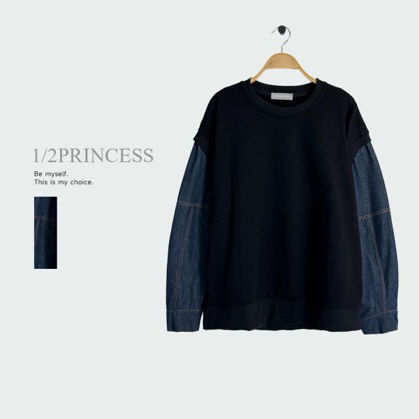 牛仔袖拼接大學T 