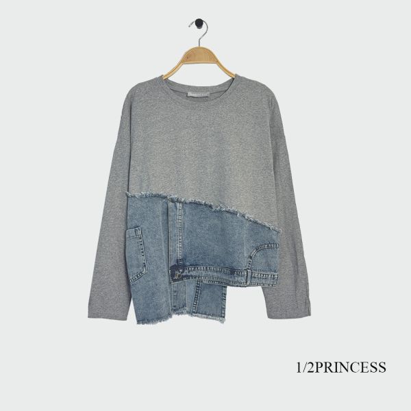 棉拼接牛仔造型T 