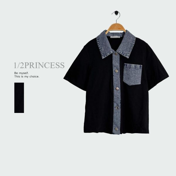 棉麻拼接牛仔衫 