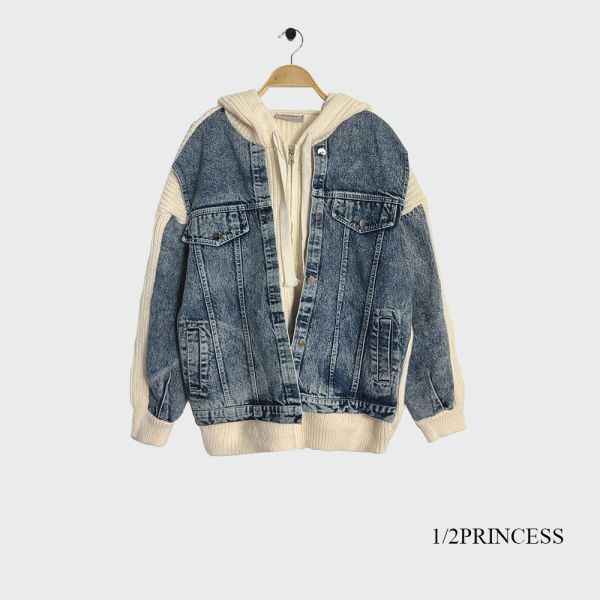 牛仔拼接針織外套 