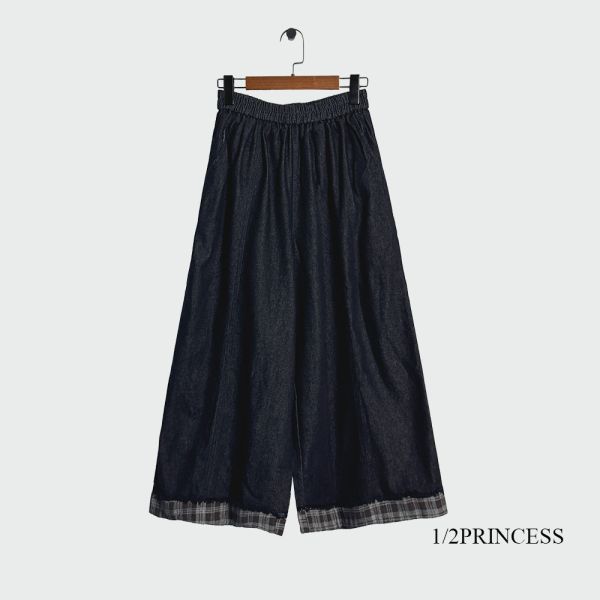 日系厚磅格子拼接牛仔寬褲 