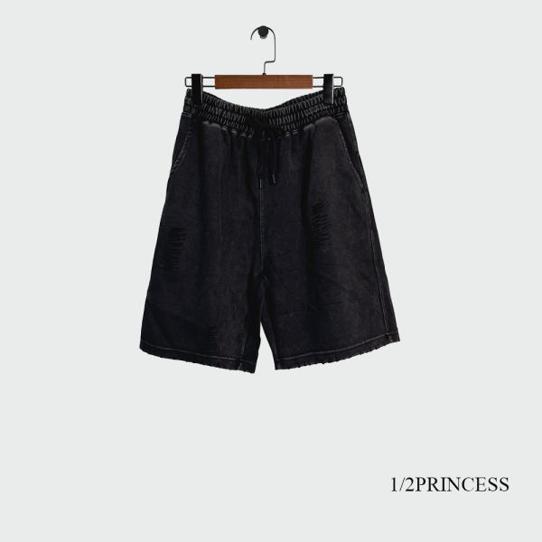 水洗棉刷破五分褲 