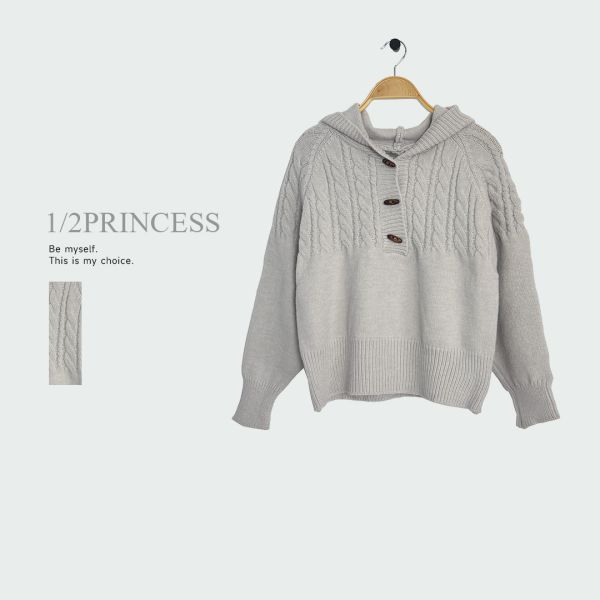 針織牛角扣連帽T 