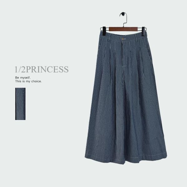 牛仔直條紋寬褲 