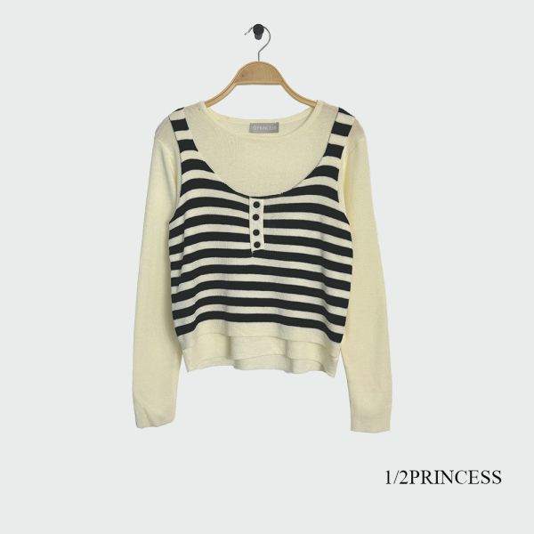 薄針織條紋假兩件上衣 