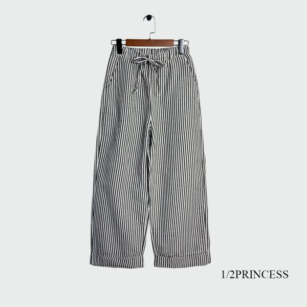 棉麻直條紋寬褲 