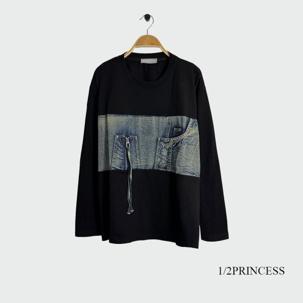 棉質拼接牛仔大學T 