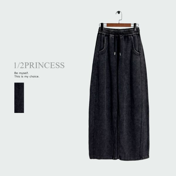 水洗棉造型彎刀寬褲 