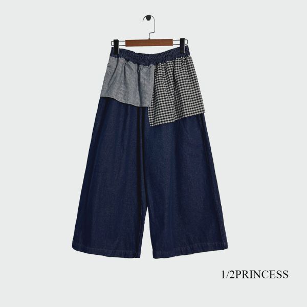 日系厚磅牛仔假兩件寬褲 