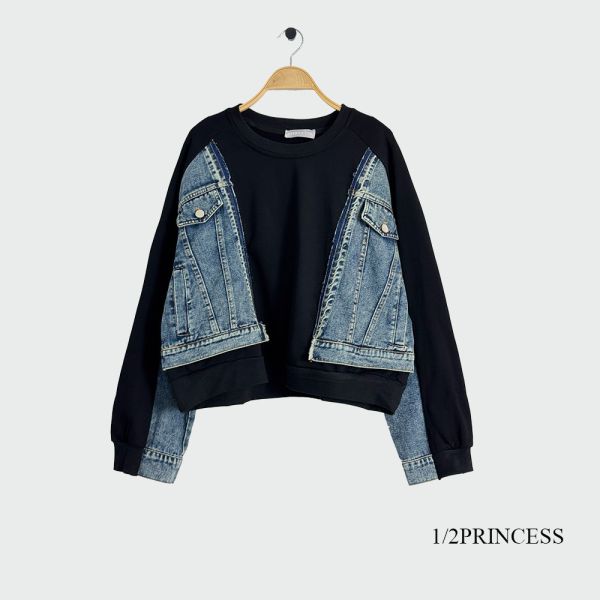 設計牛仔拼接大學T 