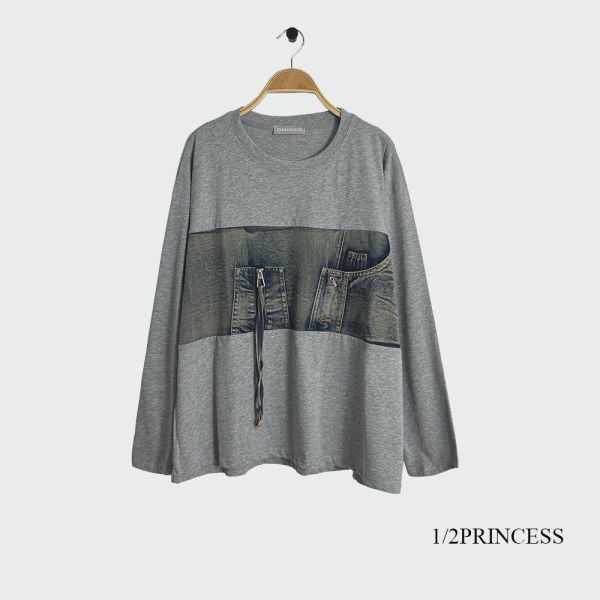 棉質拼接牛仔大學T 