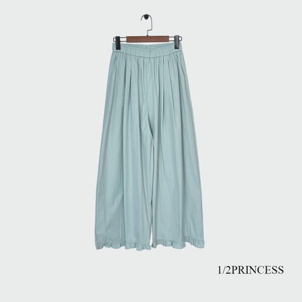 棉麻素面花邊長褲 