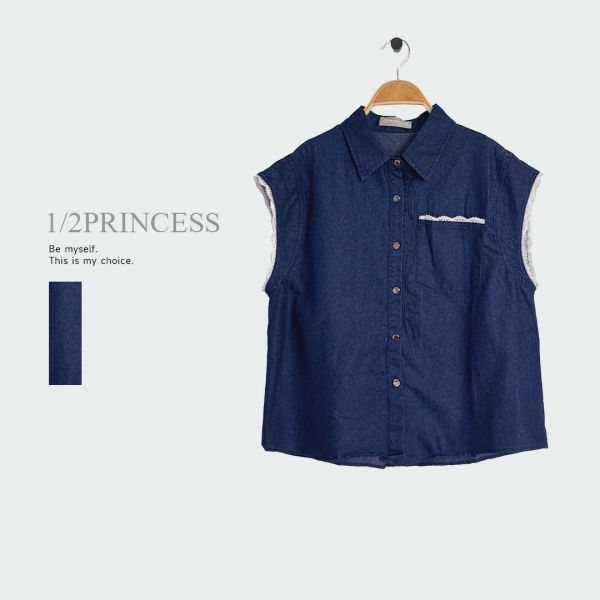 蕾絲邊牛仔排扣衫 