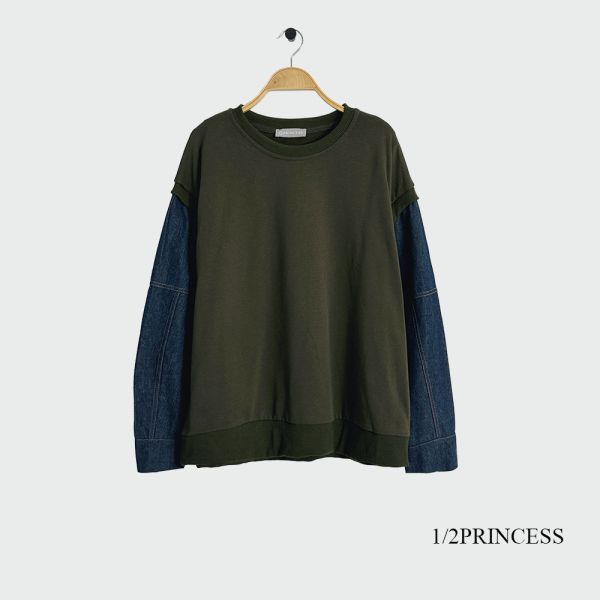 牛仔袖拼接大學T 