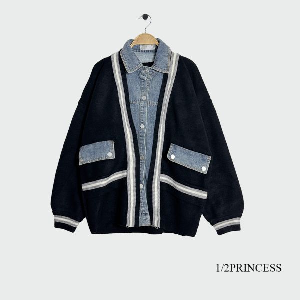 牛仔拼接針織外套 