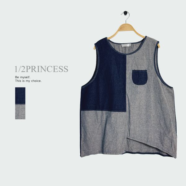 日系牛仔拼接背心 