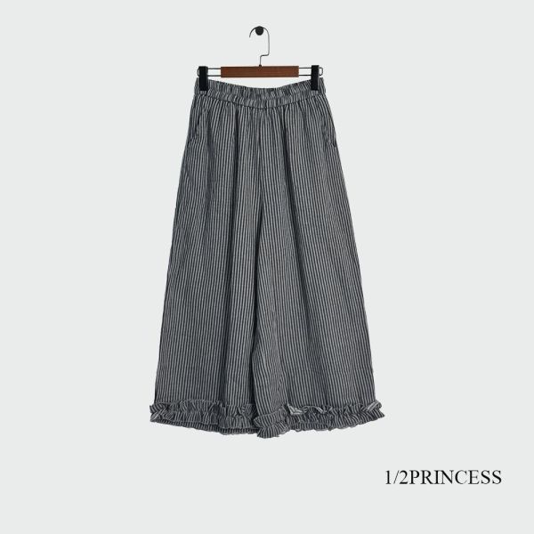 日系條紋花邊寬褲 