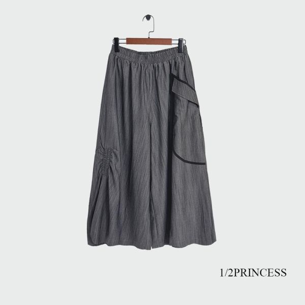 棉麻大口袋造型寬褲 