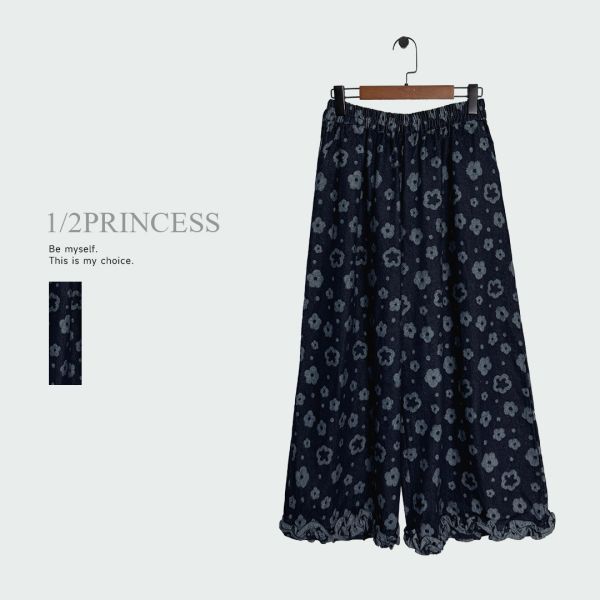 日系牛仔滿版花花寬褲 