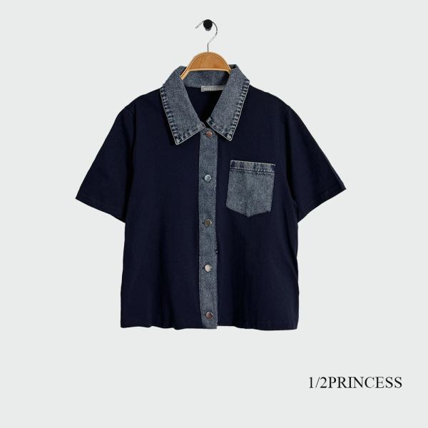 棉麻拼接牛仔衫 