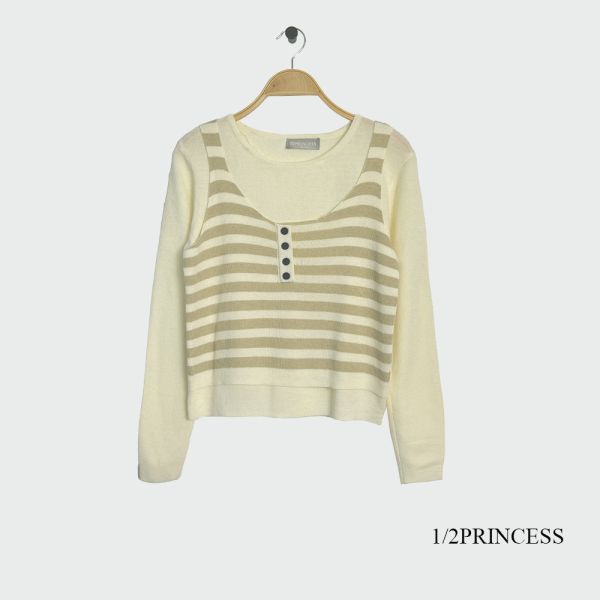 薄針織條紋假兩件上衣 