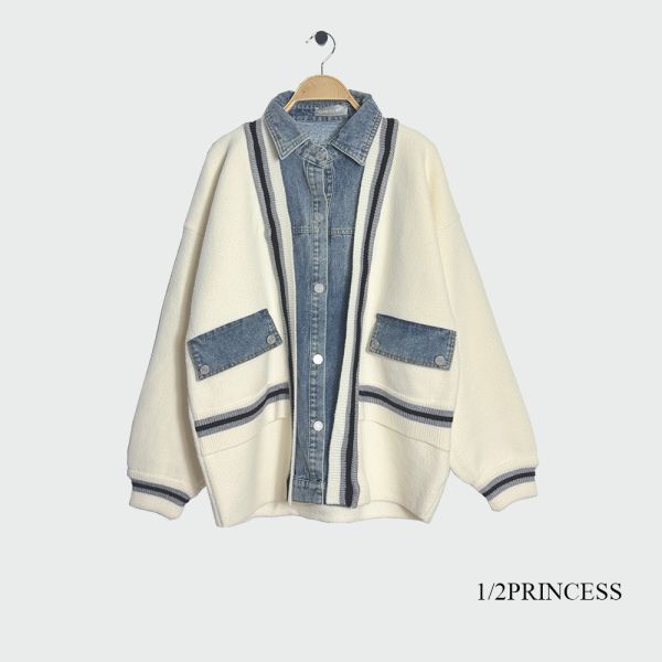 牛仔拼接針織外套 