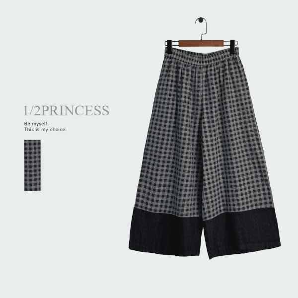 日系厚磅拼接格子寬褲 