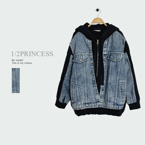 牛仔拼接針織外套 