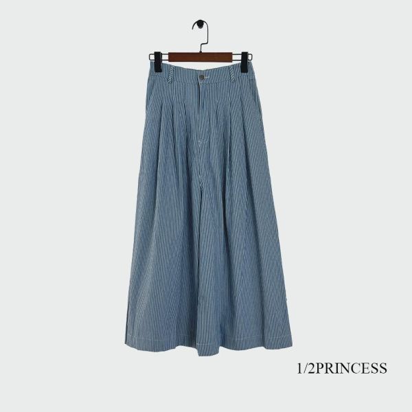 牛仔直條紋寬褲 