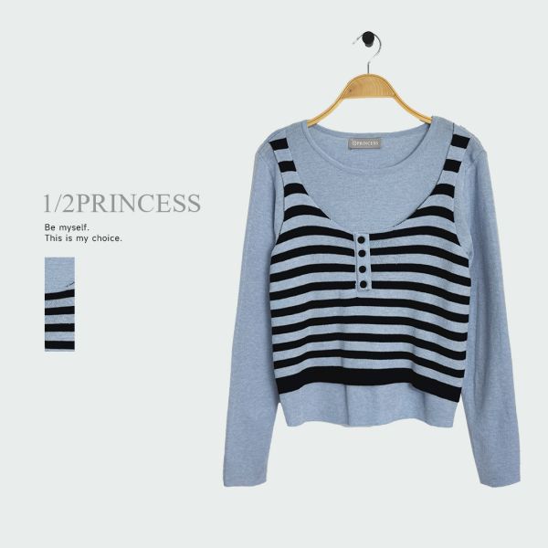 薄針織條紋假兩件上衣 