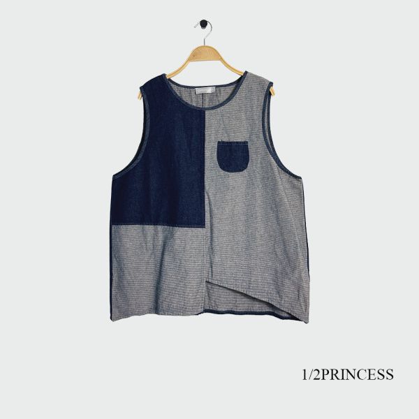 日系牛仔拼接背心 