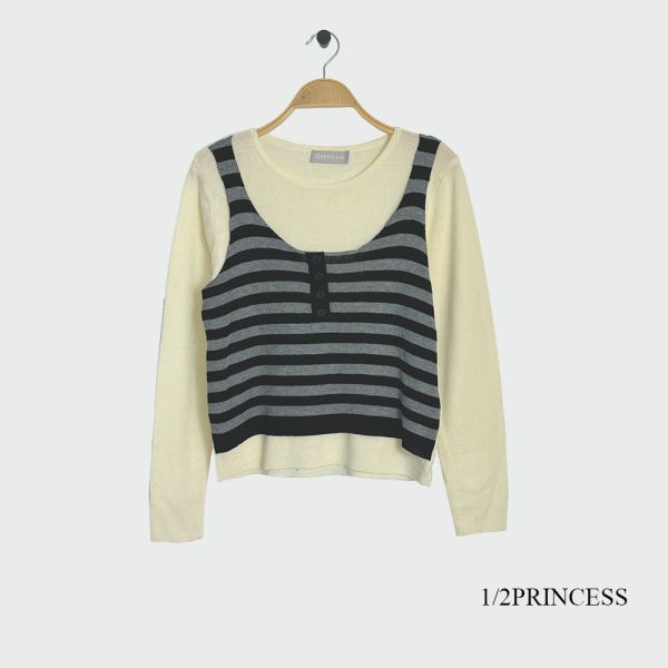 薄針織條紋假兩件上衣 