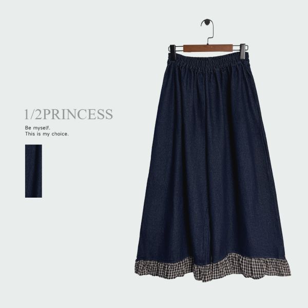 日系牛仔拚格紋花邊寬褲 