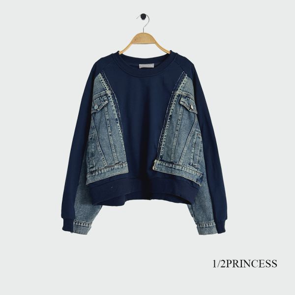 設計牛仔拼接大學T 