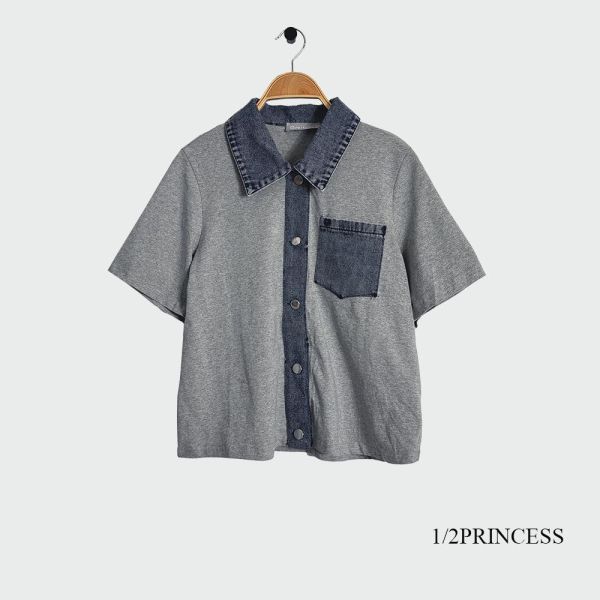 棉麻拼接牛仔衫 