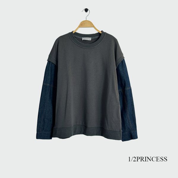 牛仔袖拼接大學T 