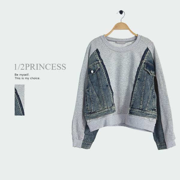 設計牛仔拼接大學T 