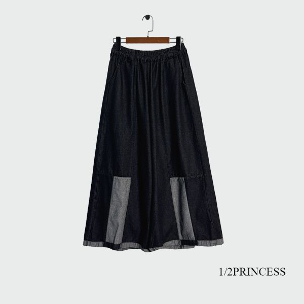 日系牛仔撞色寬褲 