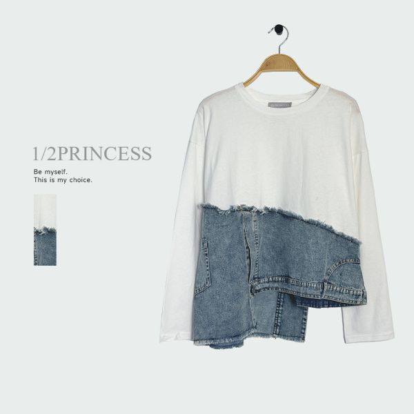 棉拼接牛仔造型T 