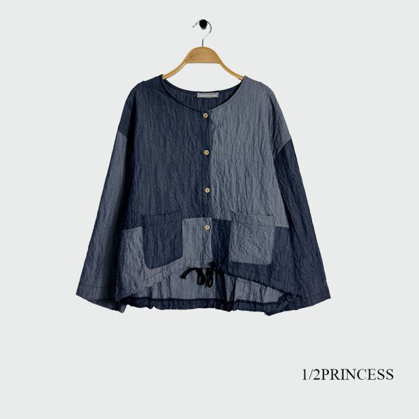 牛仔撞色口袋排釦衫 