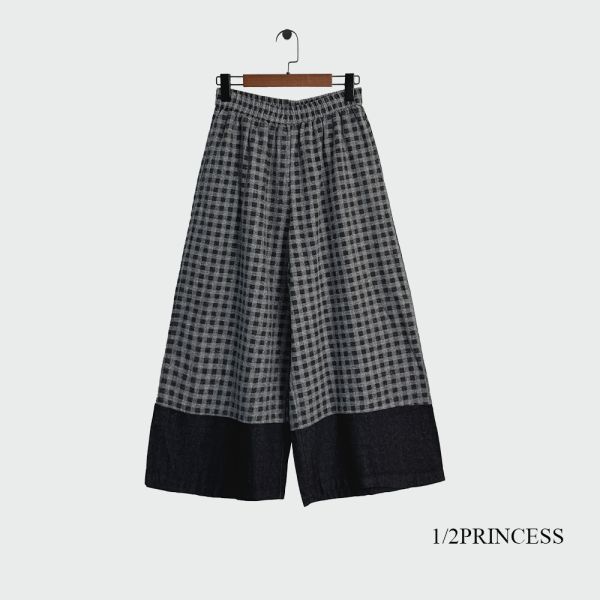 日系厚磅拼接格子寬褲 