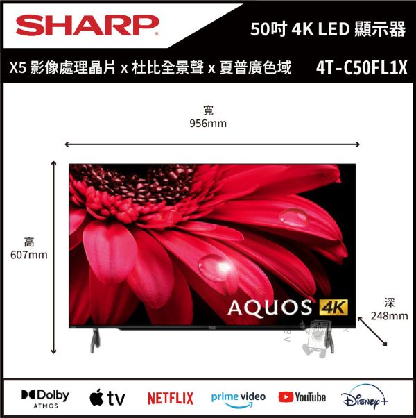 【SHARP夏普】50吋 4K HDR AQUOS LED Google TV聯網顯示器 (4T-C50FL1X) 
