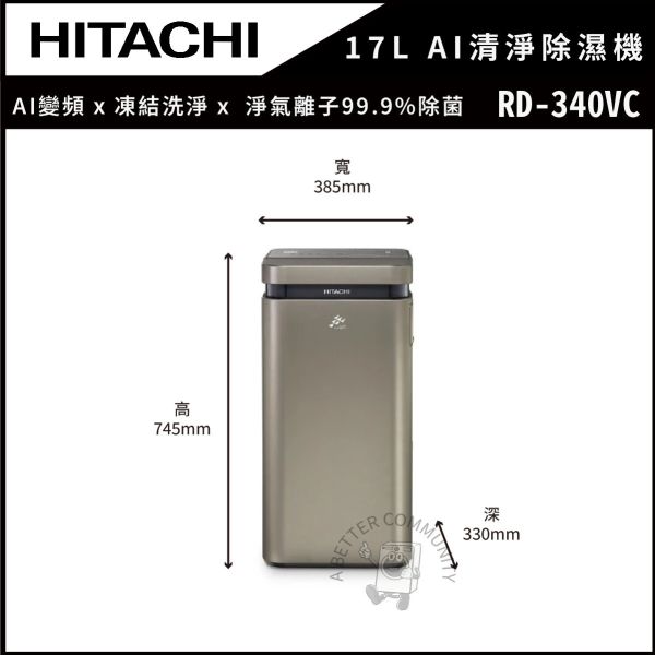 【HITACHI 日立】17公升一級能效 AI超變頻 清淨除濕機(RD-340VC) 