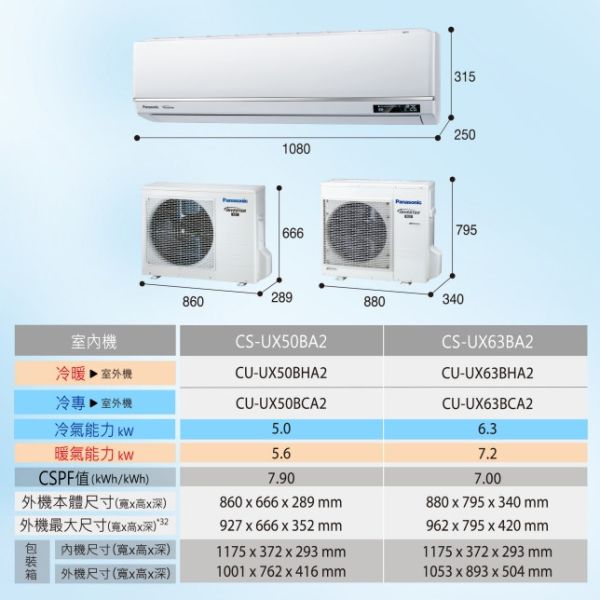 【Panasonic國際牌】9-11坪 UX頂級旗艦型變頻冷暖空調 (CS-UX63BA2+CU-UX63BHA2) CS-UX63BA2,CU-UX63BHA2,UX,冷暖空調,變頻,冷氣,Panasonic,國際牌
