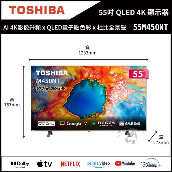 【TOSHIBA 東芝】55吋 QLED REGZA 4K 智慧顯示器 (55M450NT) 
